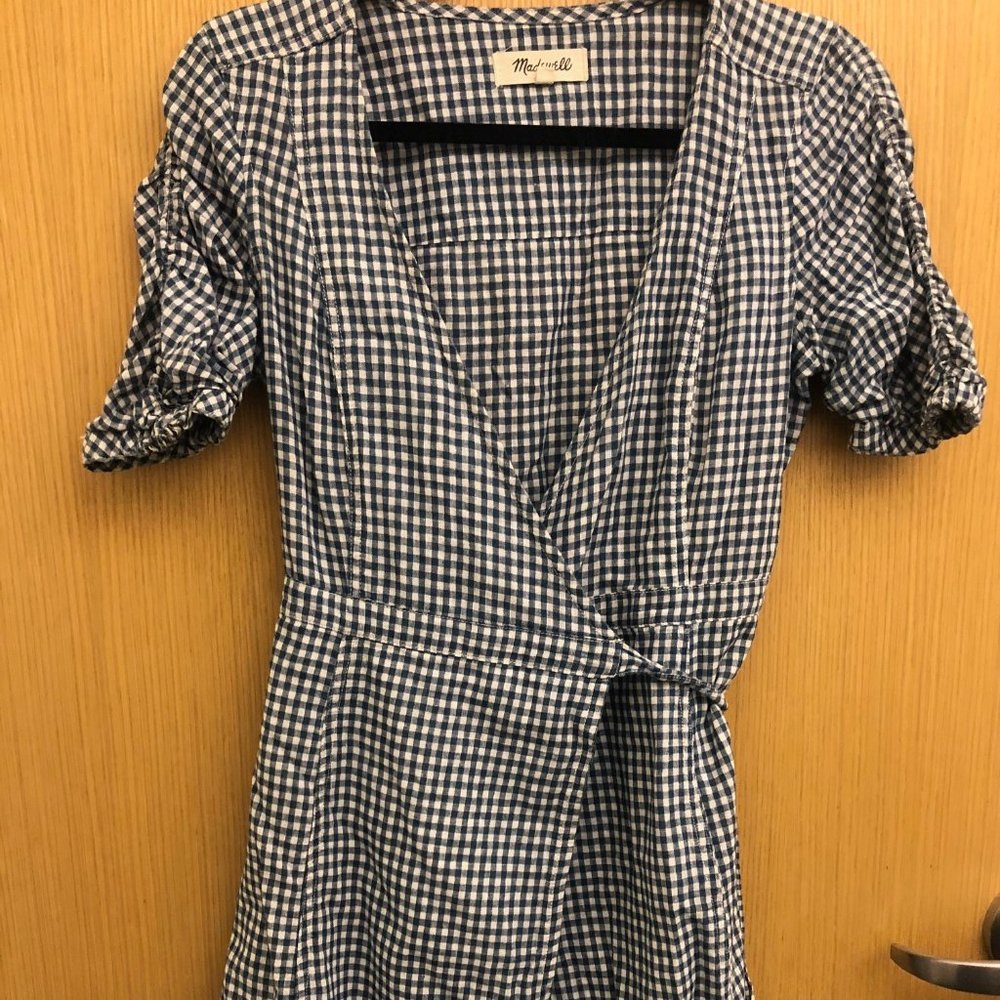 Madewell Gingham Shirred-Sleeve Wrap Dress